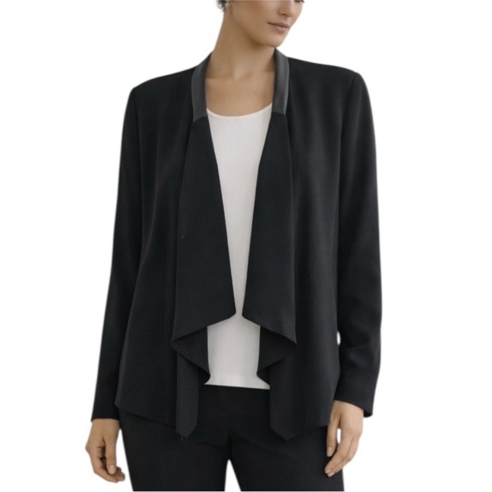 Eileen Fisher Silk Drape Front Jacket Leather Trim Black Size XS